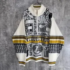 90s 古着 ジャンルイフラケット 総柄ニット　ハーフジップユニセックス　 M