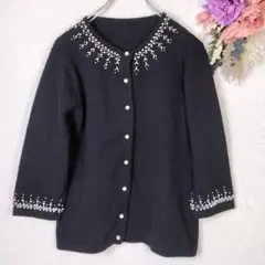 全日本婦人子供　黒カーディガン　五分袖　半袖ニット　セット　ビーズ　やわらか