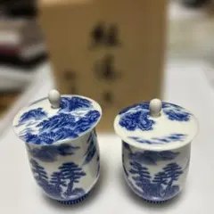 香蘭社 山水 組湯呑 湯呑み 蓋付き ペア 山水木人物楼閣山水図未使用品