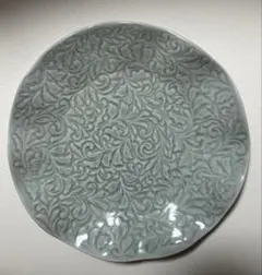 希少約30㎝ 大皿 珉平焼風 緑釉 窯変 陽刻 牡丹図 釉薬垂れ 型押し 飾
