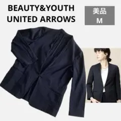【美品】ビューティー&ユース　リネン混　カラーレスジャケット ネイビー M