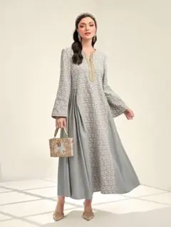 Al Najma 長袖ドレス　コントラストリボンディテール　グレー