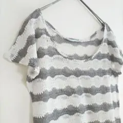 半袖トップス ボーダー ホワイト グレー レディース【S】レース編み 重ね着