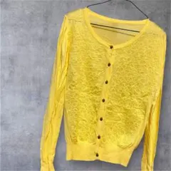黄色 レディース カーディガン 花柄 透け感