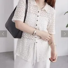 mystic 衿付きレース半袖カーディガン