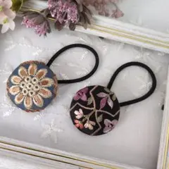【B5】インド刺繍リボン くるみボタン ヘアゴム 2個セット