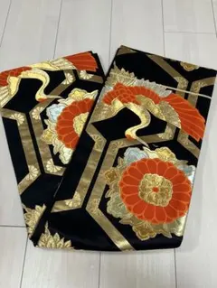 七五三　七歳　帯　黒い袋帯 鶴と花の刺繍　アンティーク