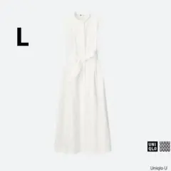 【美品】ユニクロ　シアサッカーロングワンピース　ノースリーブ　ホワイト　L