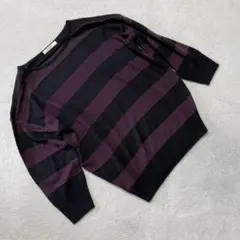 プチエラル ニット セーター アクリル ボーダー 黒×紫 Mサイズ カジュアル