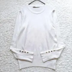 ザラ ZARA 長袖ニット 白 M ゴールドボタン クルーネック 袖スリット