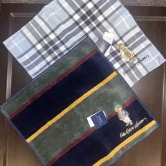 新品ポロ　紺系ボーダーくま刺繍　ブルーチェックホースマーク　タオルハンカチセット