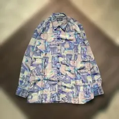 7BS2 総柄　長袖シャツ　パターンシャツ　アート　レトロ　青系　M 古着