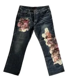 花柄刺繍付きダークブルーデニムパンツ