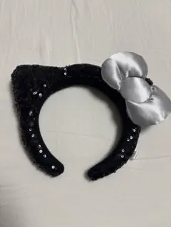 猫耳カチューシャ 黒 スパンコール シルバーリボン
