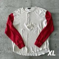 USA古着Tシャツ ヘンリーネック 生成り オフホワイト 長袖 赤 レア 韓国製