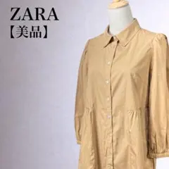 【美品】ザラ　チュニック丈シャツワンピース　パフスリーブ　ナチュラル　S