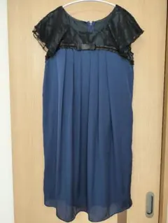 ネイビー ブラック レース袖 半袖ワンピース　　フォーマル　結婚式