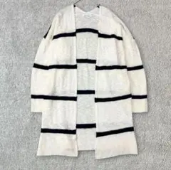 ロングカーディガン　ボーダー　メッシュ　鍵編みM アイボリー×ネイビー