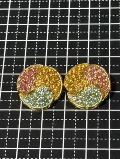 ヴィンテージ　マルチカラーラインストーン　ゴールドイヤリング