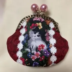 新品未使用❣️ハンドメイド猫と花のがま口ポーチ