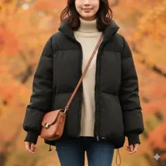 ダウンジャケット レディース ブラック 大きめ 黒 ポケット 暖 上着 L