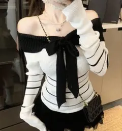 オフショルダー リボン付き ストライプ ニット セーター