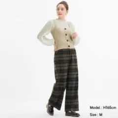 GU　ネイビー　チェック　ドローストリング　イージー　ワイドパンツ　M