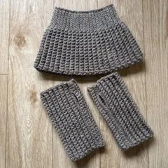 つけ襟リブ編みネックウォーマーとハンドウォーマー　セット　ブラウン