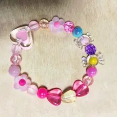 【ハンドメイド】カラフルハート花ビーズブレスレット 6インチ