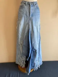 フリンジ付きデニムパッチワークリメイクスカート
