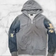 DIESELディーゼル/デニムダメージ加工ジップアップパーカーMグレー