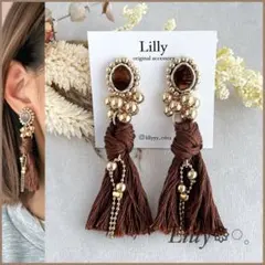 #939 大ぶり/タッセル/ブラウン/ビーズ刺繍/チェーン/揺れる/ハンドメイド