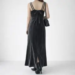 ベロアキャミワンピース ロング丈 バックスリット シャーリング リボンデザイン