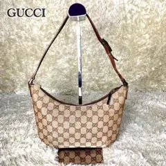 【極美品】グッチ ショルダーバッグ ハーフムーン GGキャンバス レザー 茶