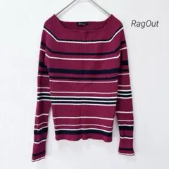 RagOut スクエアネック ボーダー リブニット L ワイン ラグランスリーブ