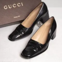 GUCCI グッチ ロゴプレート スクエアトゥ パンプス 太ヒール 22cm