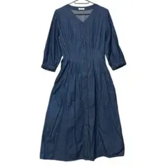 ダークブルー デニム シャツワンピース 七分袖