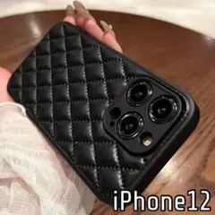 iPhone12 ケース レザー ブラック キルティング かわいい 韓国