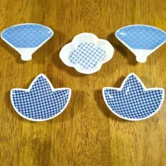 青い模様の陶器製箸置き 豆皿　5個セット