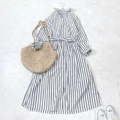 美品♪ヌキテパ コットンボイル ストライプ クルタワンピース ゆったり