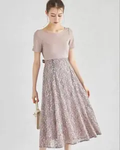 tocco トッコ　ウエストリボン袖口パールフラワーレースドッキングワンピース