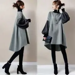 バットウィングコート カジュアルワンピースAライン バイカラー＆裾ステッチ 秋冬