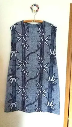 浴衣リメイク 竹の葉模様フレンチリーブワンピース Mサイズ