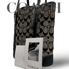 【良品】コーチ　ショルダートートバッグ　シグネチャー　レザー　キャンバス　黒