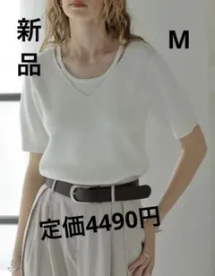[涼感]リネンタッチニットレイヤードライク半袖トップス　ホワイト　Mのサムネイル