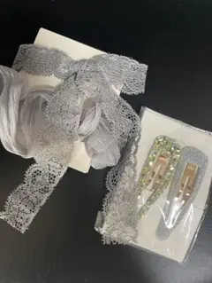 【ヘアアクセセット】ラメヘアピン& レースリボンヘアカフ&シュシュ