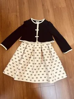 リボン柄フォーマルドレス 紺　ベージュ　120 ワンピース