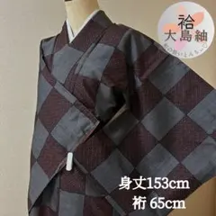 k132 袷 大島紬 身丈153cm 格子 縞 黒 赤 灰色 薄桃色
