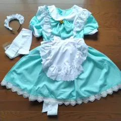 薄い緑色　メイド服　コスプレ衣装　エプロン　カチューシャ　靴下　セット　サイズL