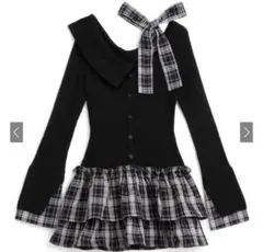 GRLチェック柄ドッキングワンショルダーリボンフリルニットワンピース pm785